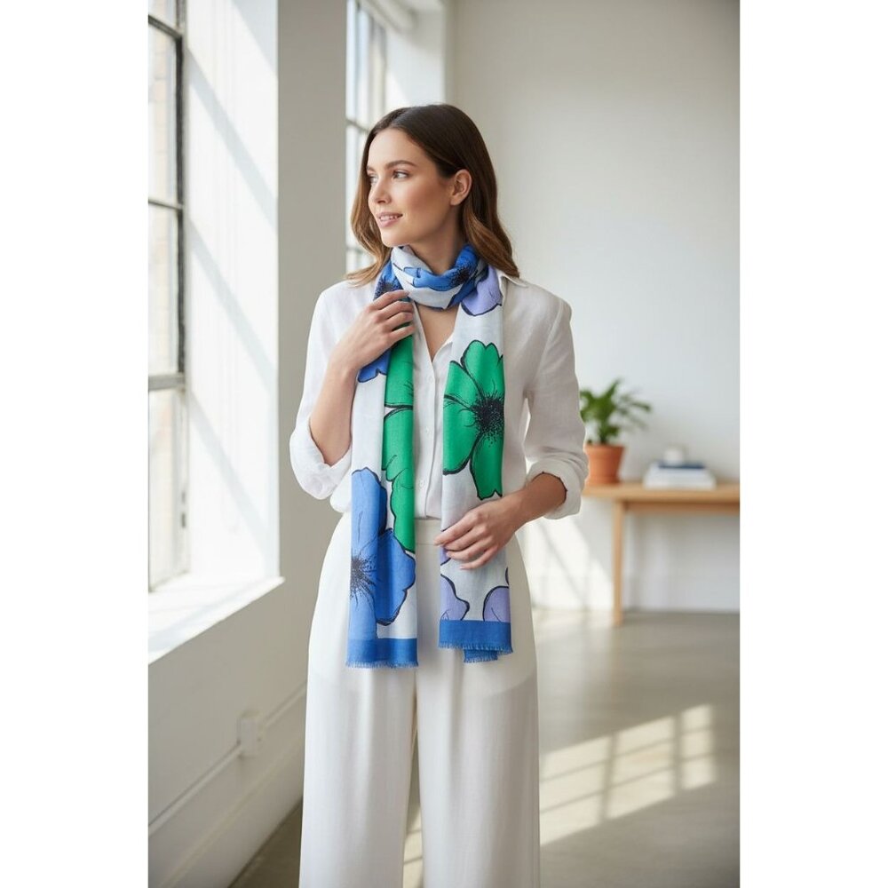 TALBOTS Floral Print Sheer Scarf Wrap With Green & Blue Flowers